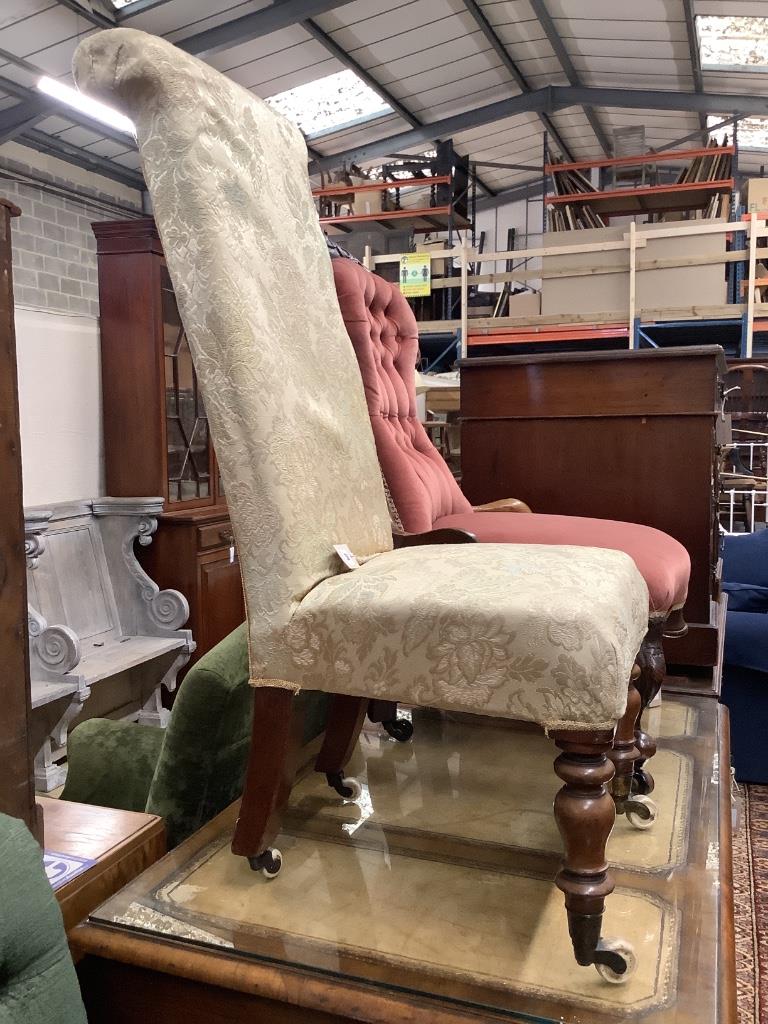 A Victorian mahogany framed prie dieu chair, upholstered in cream brocade